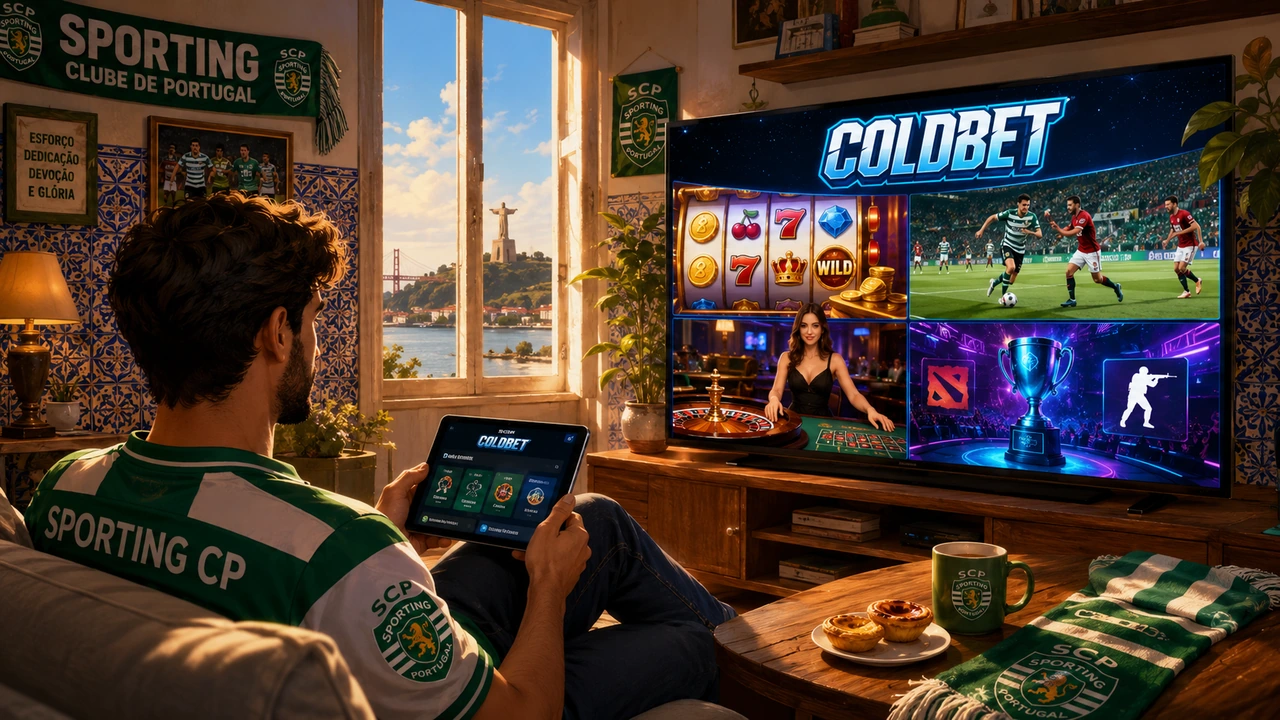ColdBet Casino Portugal — jogador português a jogar slots, roleta e apostas desportivas em ecrã grande com decoração típica portuguesa